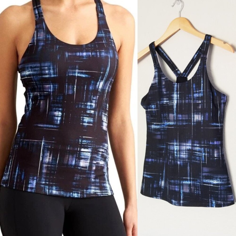 Athleta Blue Black Plaid Optimism Tank with Built in Bra Size S Athleisure Sport
